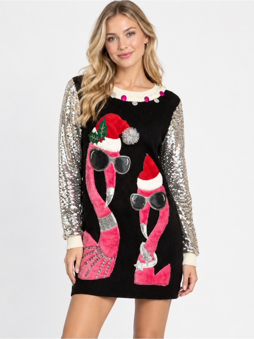 33 Degrees Black Flamingos Sequin Holiday Sweater Dress Tunic